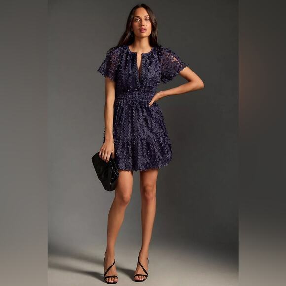 The Somerset Mini Dress: Floral Appliqué Edition Purple Party Holiday XXS - Picture 2 of 4